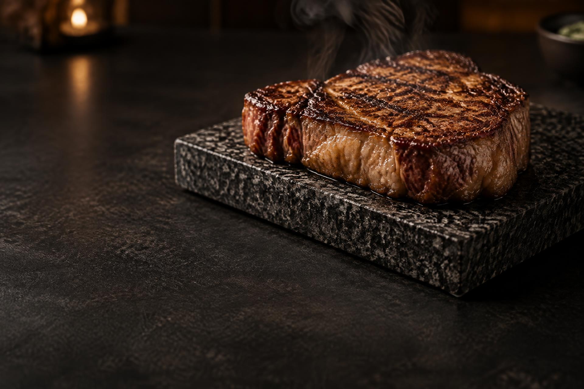 Illustrative premium steak resting directly on a dark natural granite stone